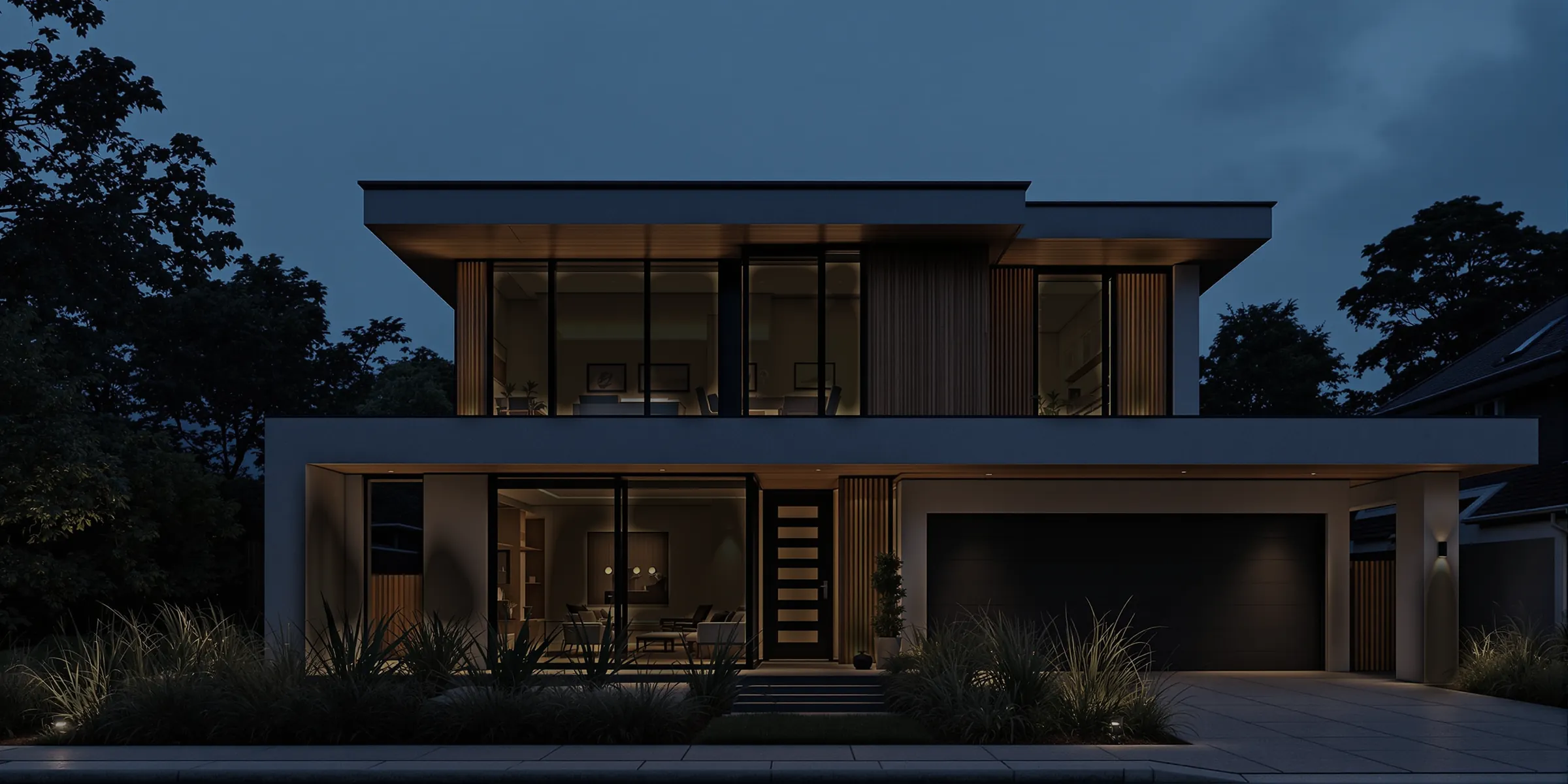 A modern house at dusk with garden and carport