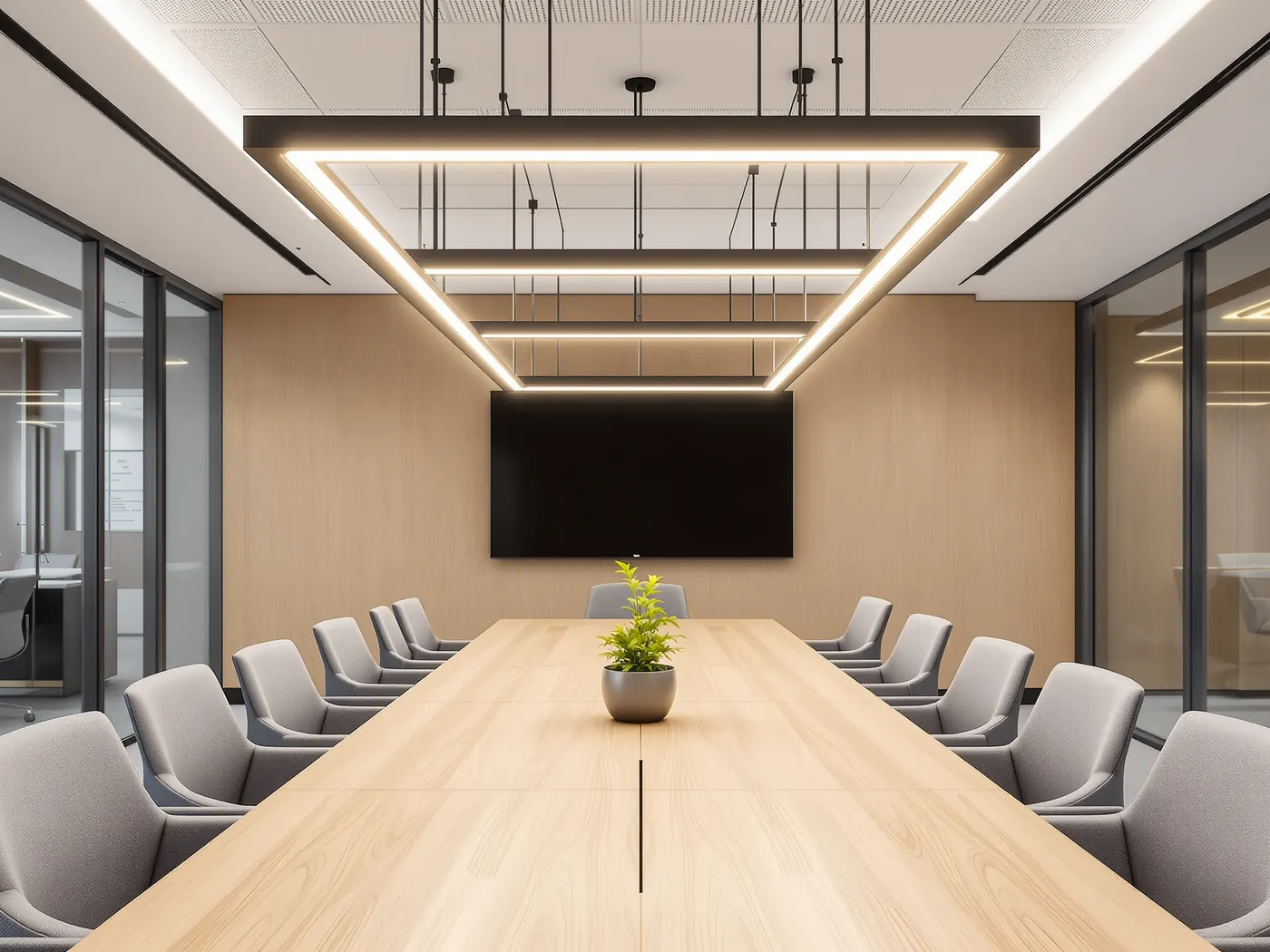 Meeting room under a suspended frame of light