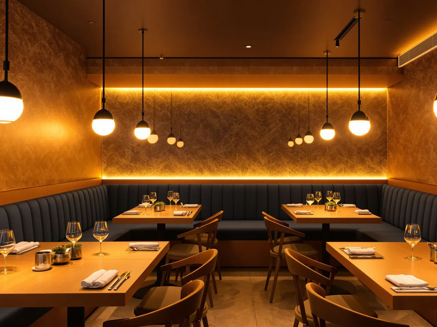 Restaurant with warm pendant and cove lights